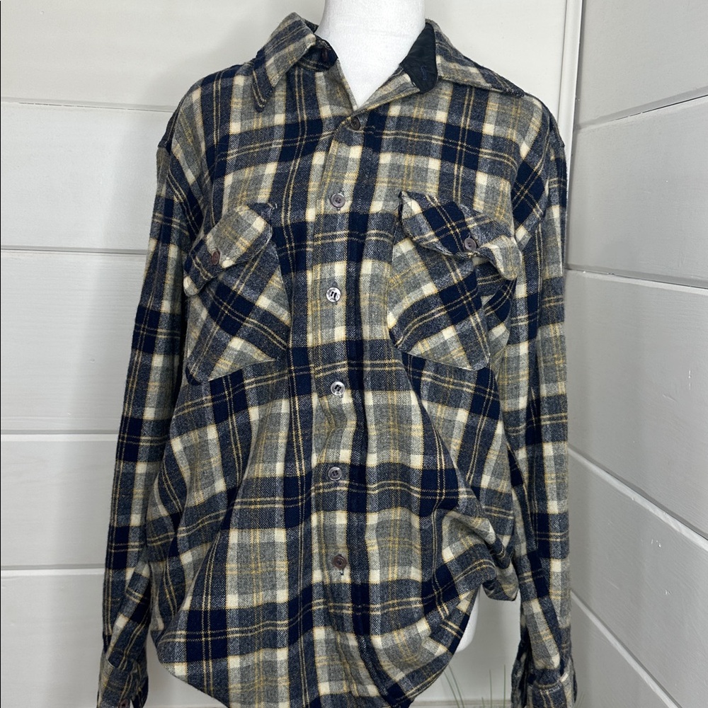 Blue and Tan Flannel Button-Up Shirt Navy Blue